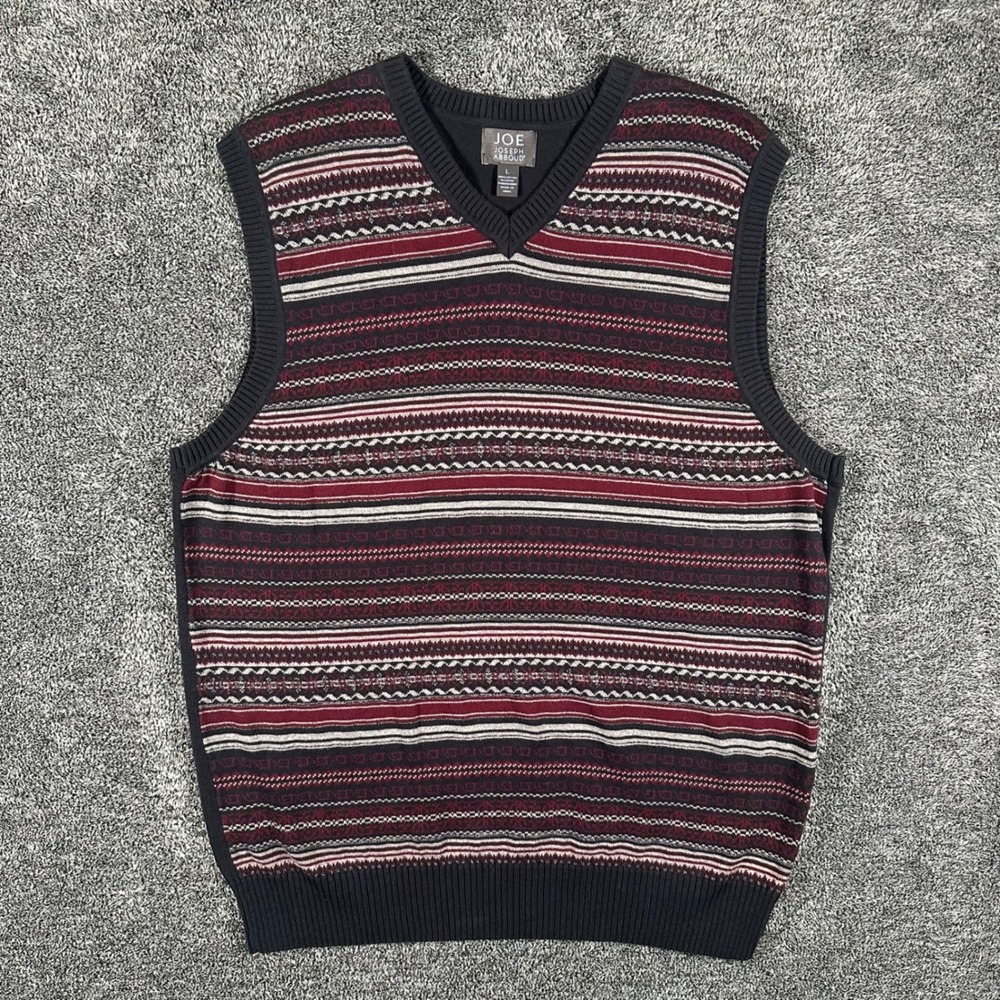 Joseph Abboud Sweater Vest Mens L V-Neck Navy Burgundy Fair Isle Geometric Knit